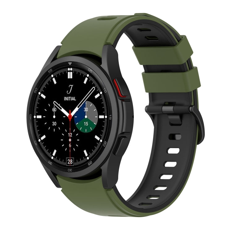 Two-color silicone watch strap with olive green and black perforated links, for smartwatch.