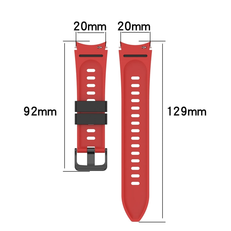 Two-color silicone watch strap size chart with 20mm width and 92mm/129mm lengths.