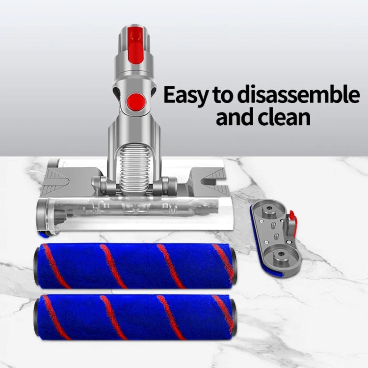Electric floor brush with two blue rollers, red release button, and gray metal housing
