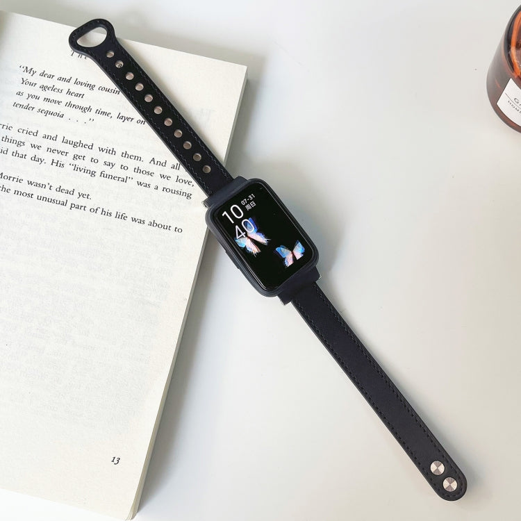Double-riveted leather watch band, black, for Mi Band 7 Pro.