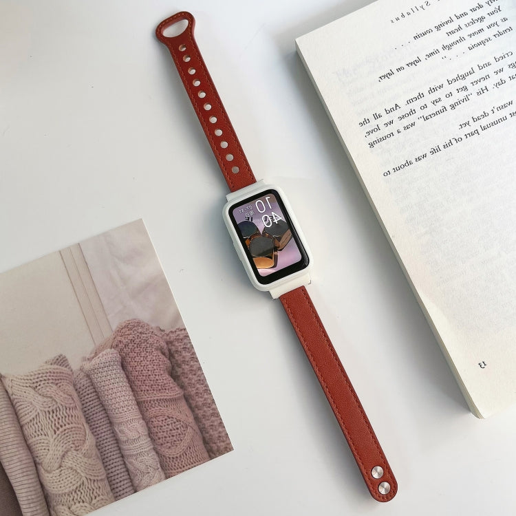 Double-riveted leather watch band, rust red, for Mi Band 7 Pro.
