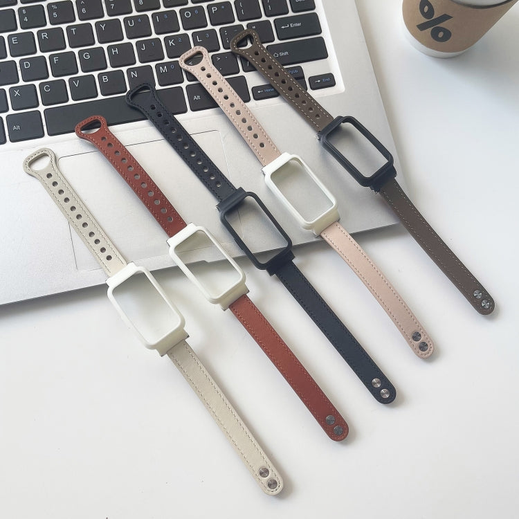 Set of double-riveted leather watch bands in beige, brown, black, and white for Mi Band 7 Pro.