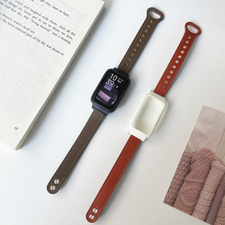 Double-riveted leather watch bands, brown and red, for Mi Band 7 Pro.