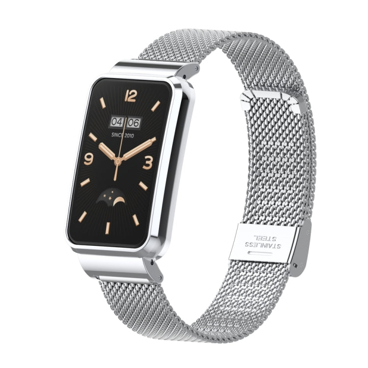 Silver stainless steel mesh watch band with buckle, attached to a black smartwatch
