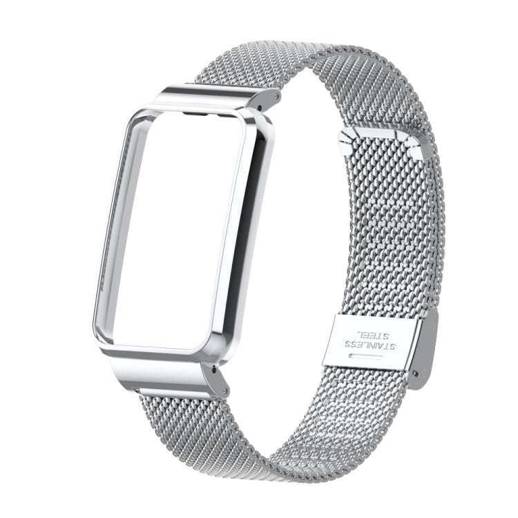 Silver stainless steel mesh watch band with buckle, smartwatch with blank white display