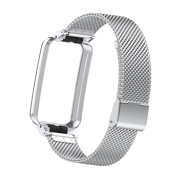 Silver stainless steel mesh watch band with buckle, side view of the smartwatch