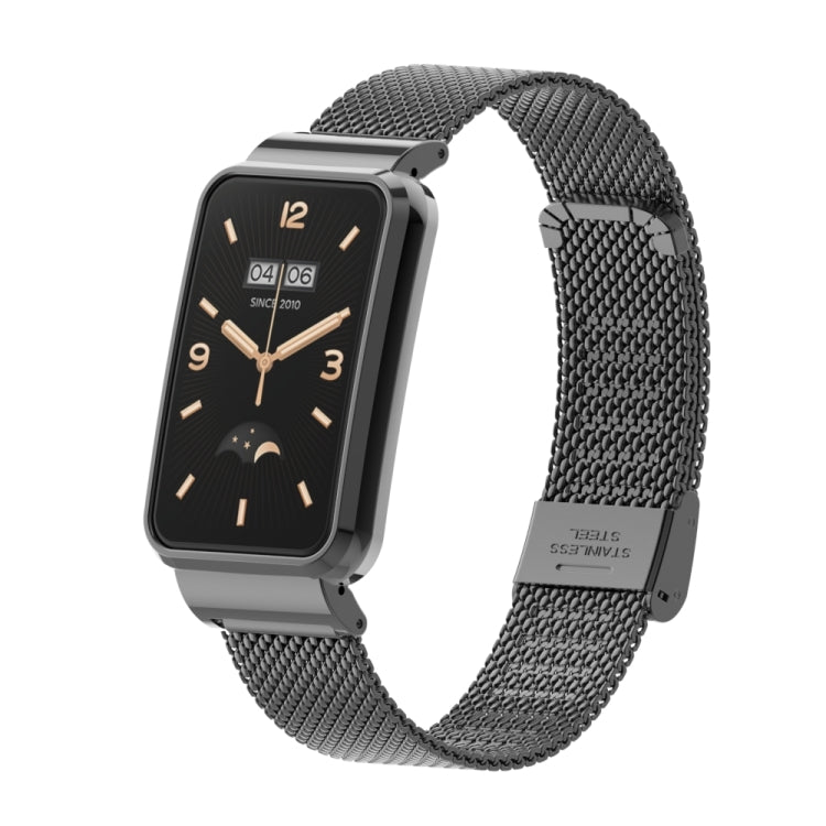 Dark gray stainless steel mesh watch band with buckle, attached to a black smartwatch