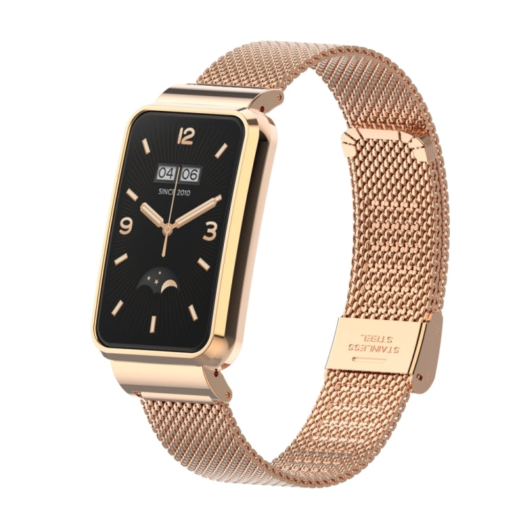 Rose gold stainless steel mesh watch band with buckle, attached to a black smartwatch