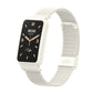 Ivory white stainless steel mesh watch band with buckle, attached to a black smartwatch