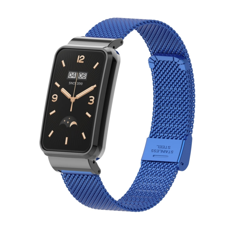 Royal blue stainless steel mesh watch band with buckle, attached to a black smartwatch