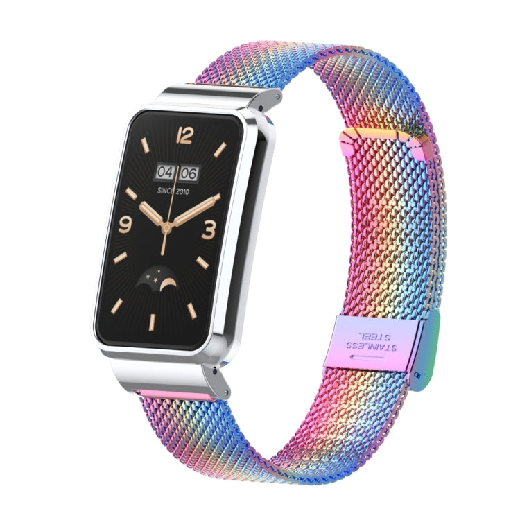 Rainbow woven metal watch band with silver buckle and rectangular smartwatch display