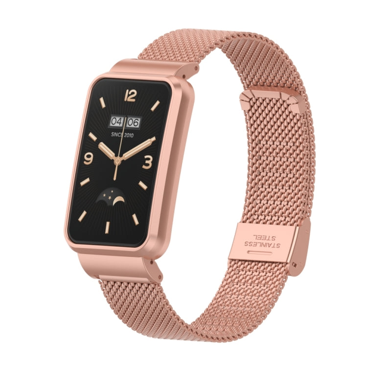 Beige woven metal watch band with rose gold buckle and rectangular smartwatch display