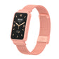 Pink woven metal watch band with rose gold buckle and rectangular smartwatch display