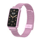 Purple woven metal watch band with rose gold buckle and rectangular smartwatch display