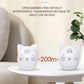 Pair of white cat-shaped wireless baby monitors on a shelf with front control buttons