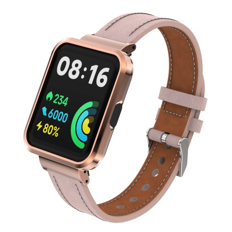 Light pink genuine leather watch band with integrated metal case for a smartwatch