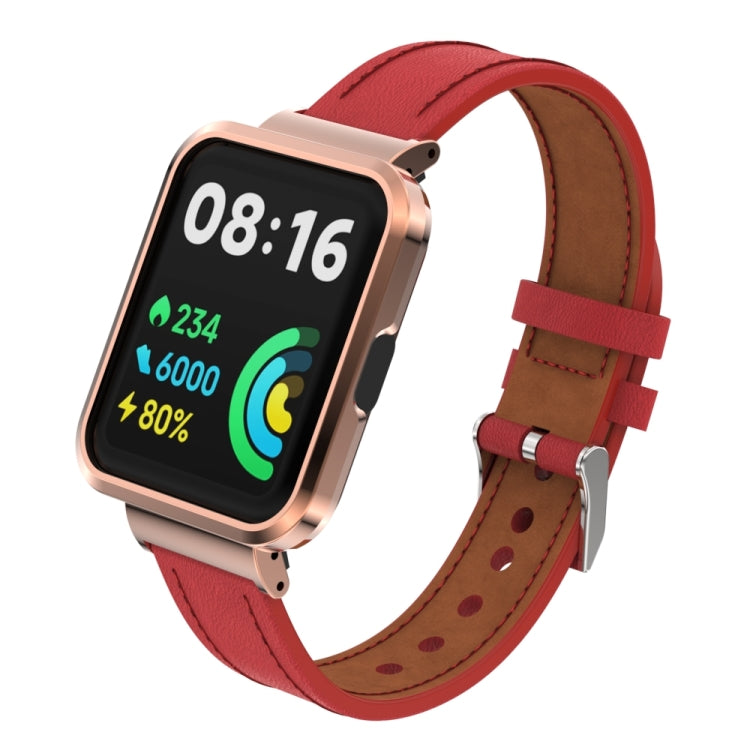 Red genuine leather smartwatch band with integrated rose-gold metal case
