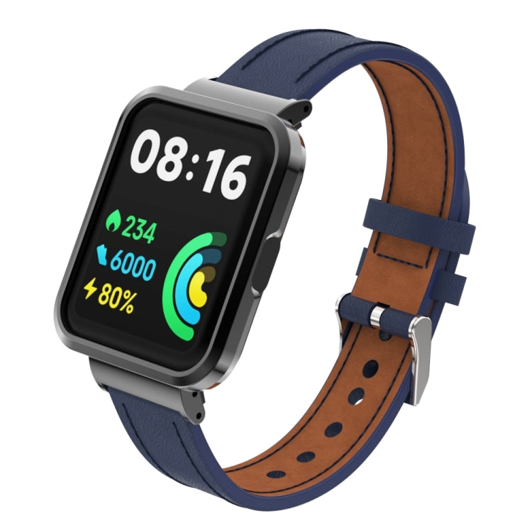 Dark blue leather smartwatch band with integrated metal case and adjustable strap holes