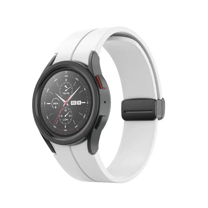 White folding silicone watch band with dark buckle for Galaxy Watch with oval strap.