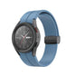 Blue folding silicone watch band with dark buckle and rounded strap edges.
