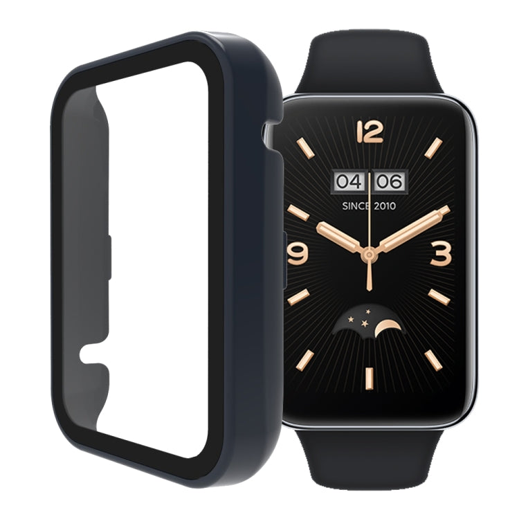 Tempered glass watch case with ink blue bezel and clear screen cover for fitness band