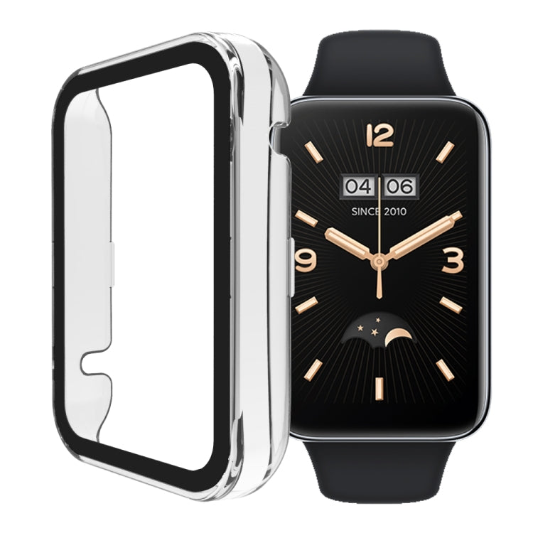 Tempered glass watch case with clear front and silver-toned frame for fitness band