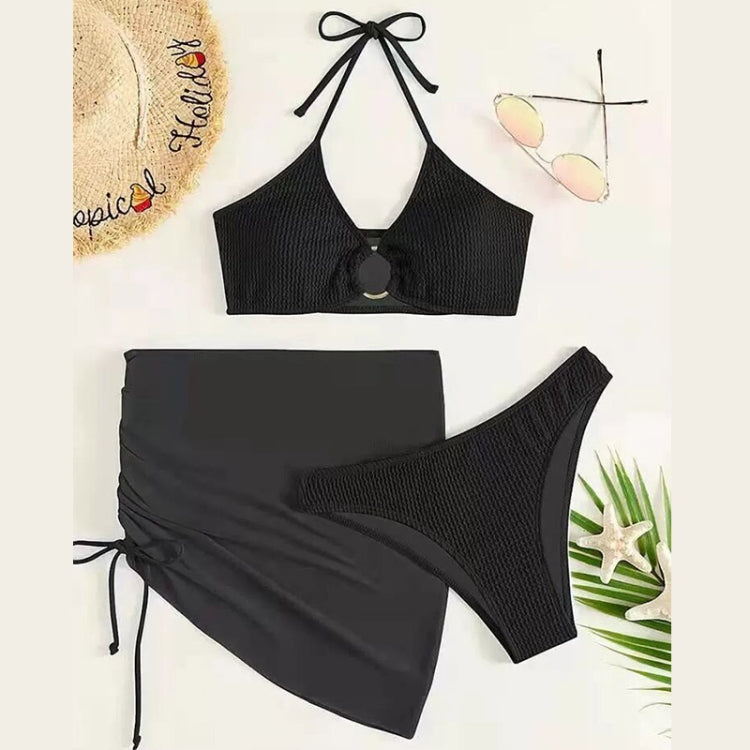 Black 3-piece bikini set: halter crop top, ruched wrap short skirt, high-cut bottoms