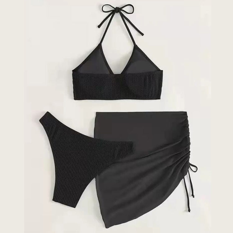 Black halter bikini set with ringless crop top, ruched wrap skirt, high-leg bikini bottoms