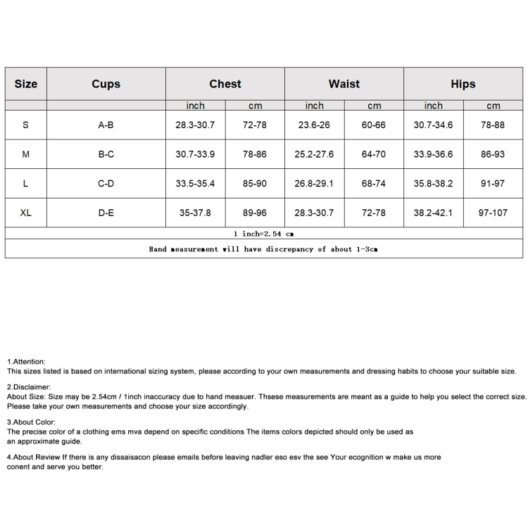 Swimsuit size and cup measurement chart with chest, waist, and hip inches and cm