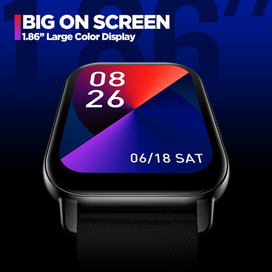 Black smartwatch close-up with large color display showing 08/26 and 06/18 SAT