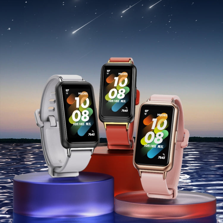 Breathable silicone smartwatch bands in gray, red, and pink with metal clasp