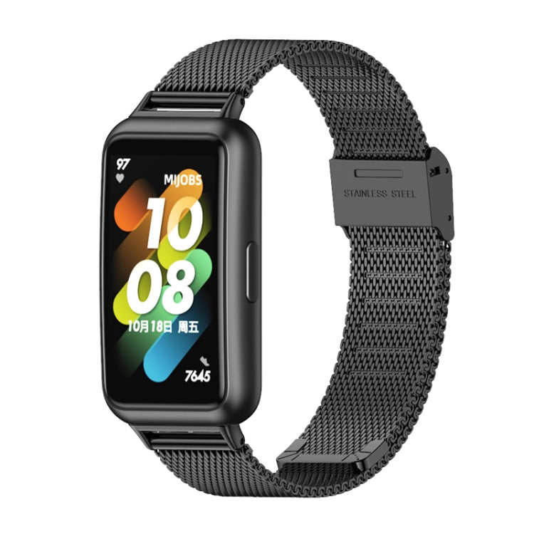 Black stainless steel mesh watch band with buckle; shown with smartwatch.