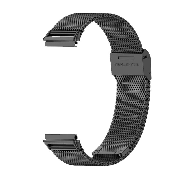 Black stainless steel mesh watch band with silver buckle clasp.