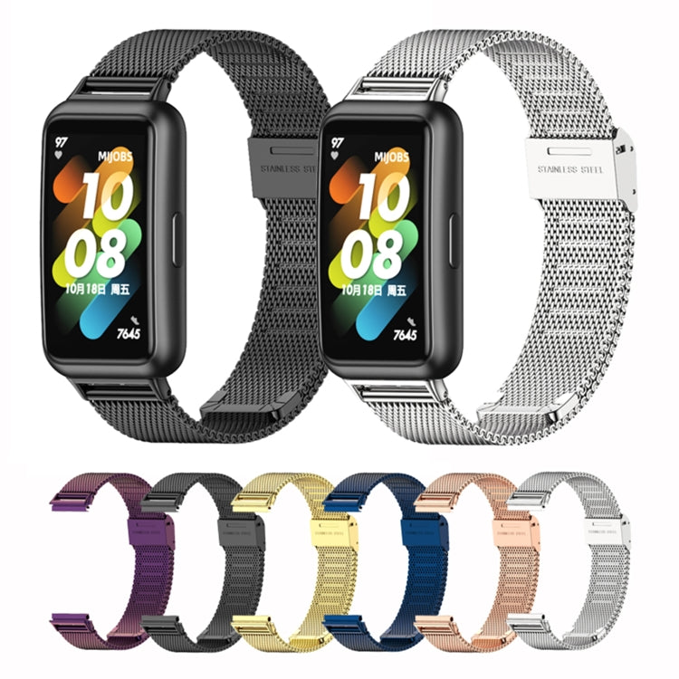 Assorted stainless steel mesh watch bands in multiple colors with buckle clasps.