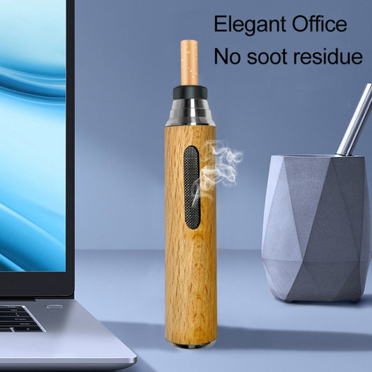 Timber-log portable cigarette holder with metal cap, smoke rising from top