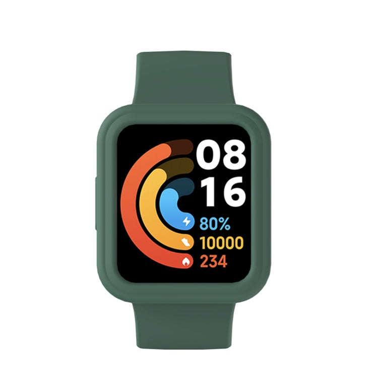 Silicone integrated watch band in dark green, shown with smartwatch face