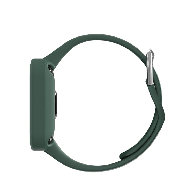 Dark green silicone integrated watch band, side view with metal clasp