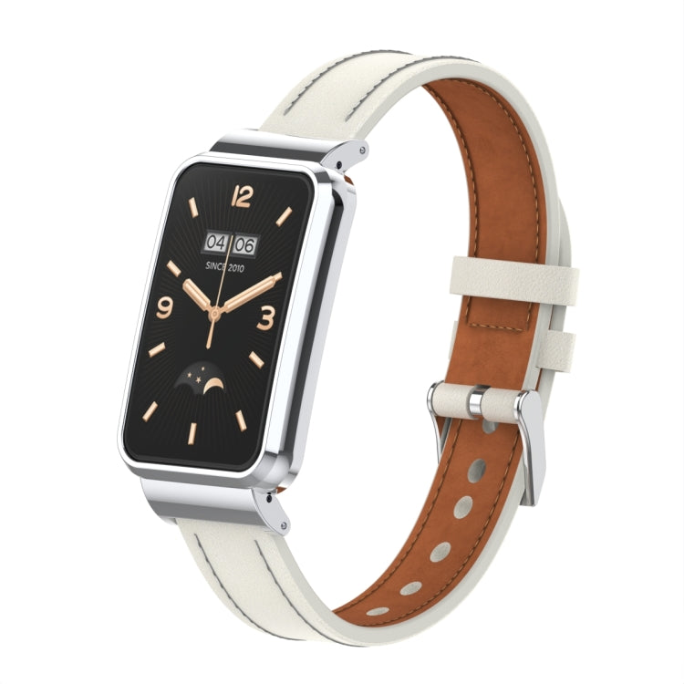 Microfiber leather watch band with metal frame, warm white strap and brown lining