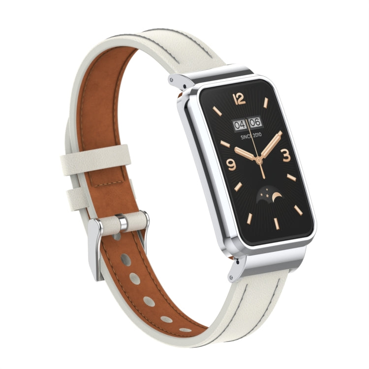 Microfiber leather watch band with metal frame, white strap and brown lining