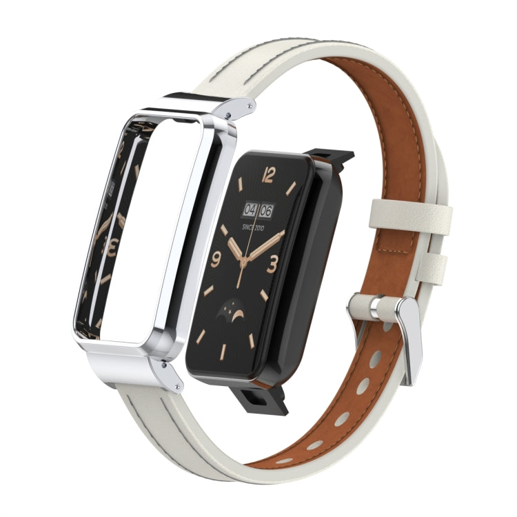 Microfiber leather watch band with metal frame, light gray strap and brown lining