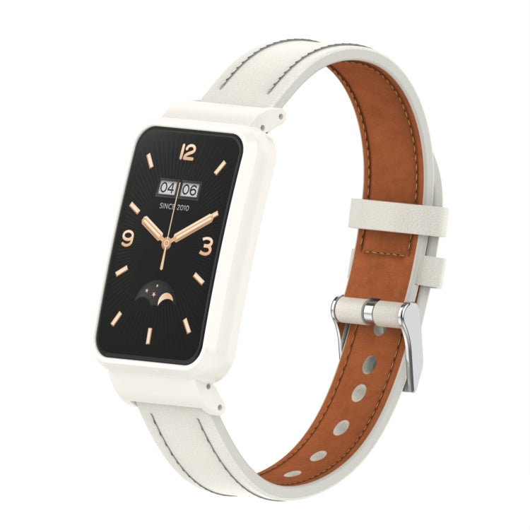 Microfiber leather watch band with metal frame, warm white strap and brown lining
