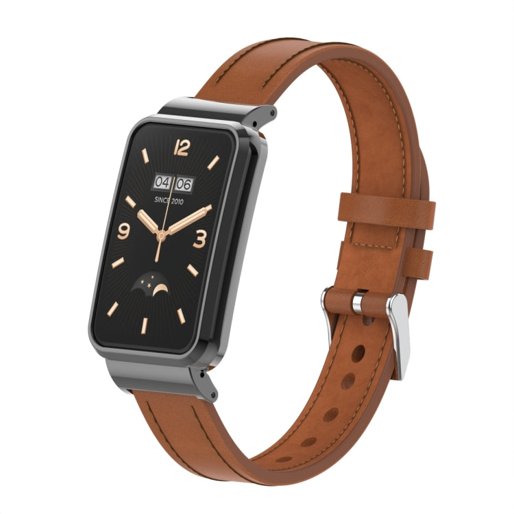 Microfiber leather watch band with metal frame, brown strap and silver pin buckle