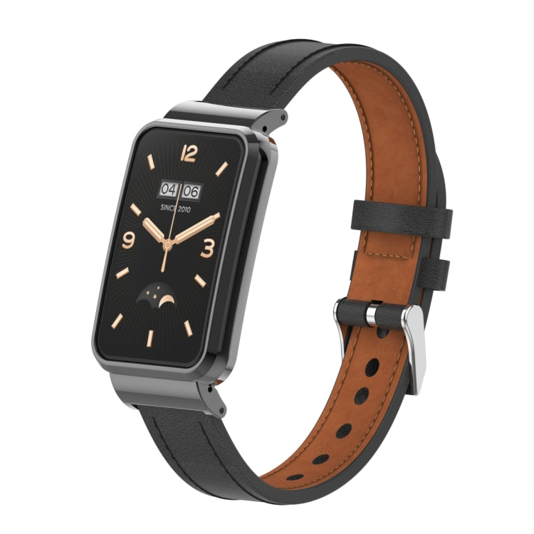 Microfiber leather watch band with metal frame, black strap and brown lining