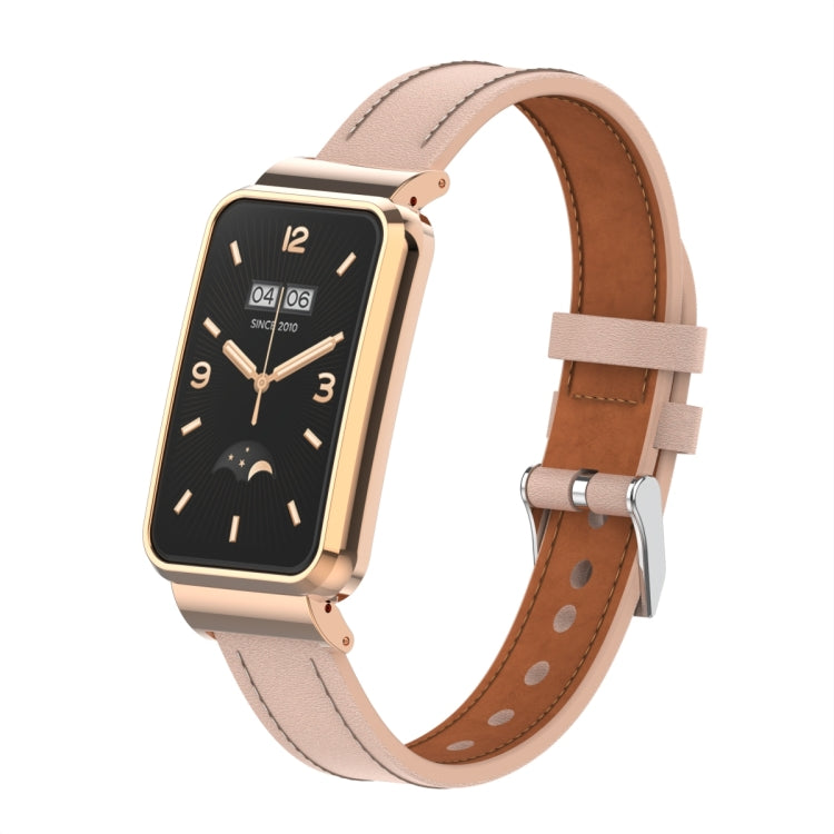 Microfiber leather watch band with metal frame, adjustable strap, light pink and rose-gold