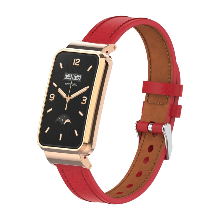 Microfiber leather watch band with metal frame, red strap and brown lining