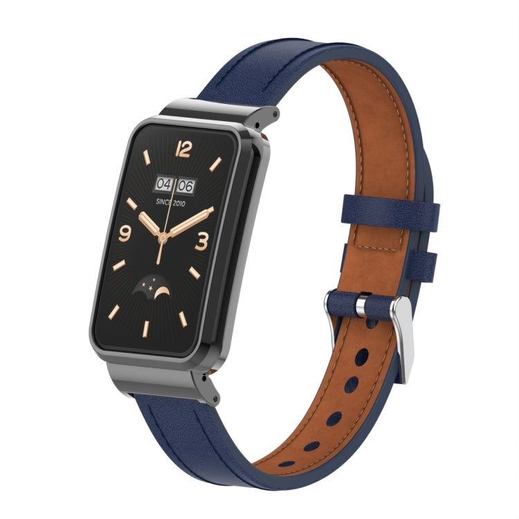 Microfiber leather watch band with metal frame, dark blue strap and brown lining