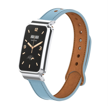 Cold blue leather watch band with double stud metal frame for fitness tracker