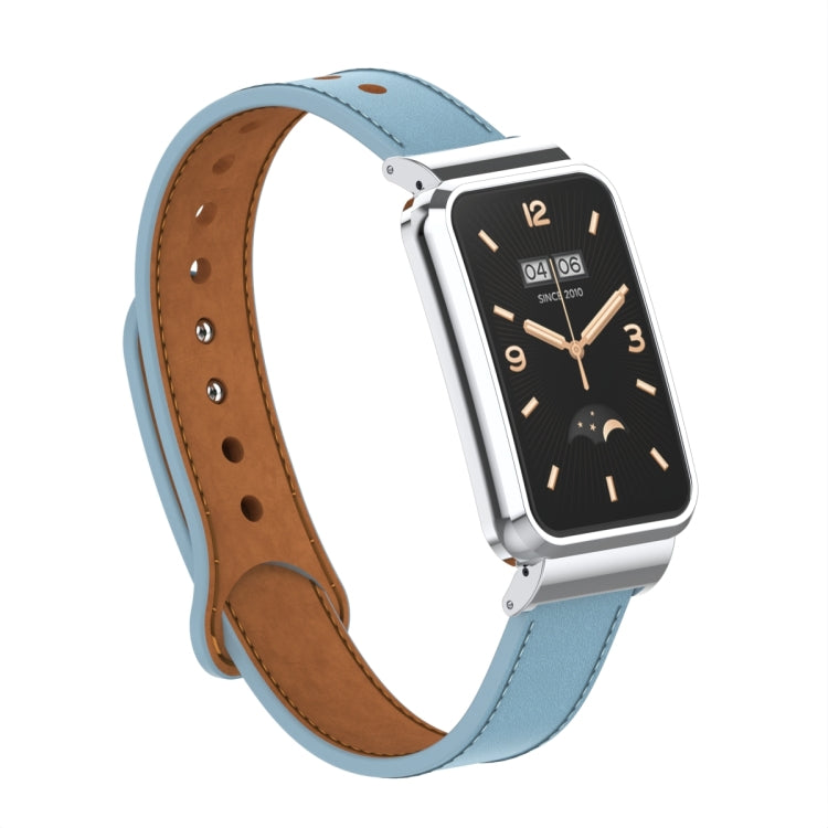 Cold blue leather strap with double stud metal watch frame, silver hardware and black dial