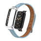 Cold blue leather watch band with double stud metal frame, shown from side view