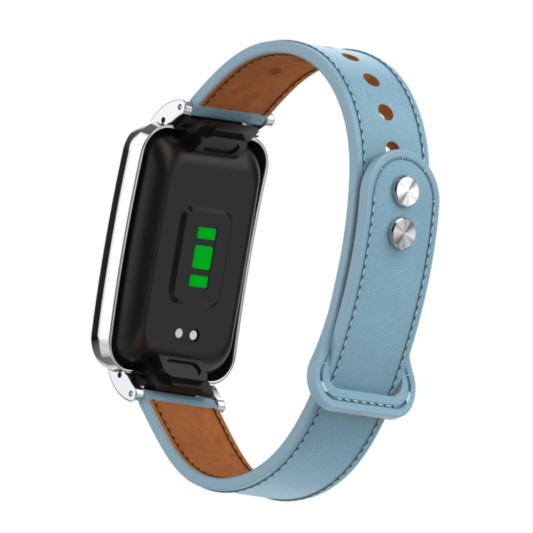 Light blue leather watch band with double stud metal frame, clasp and black screen